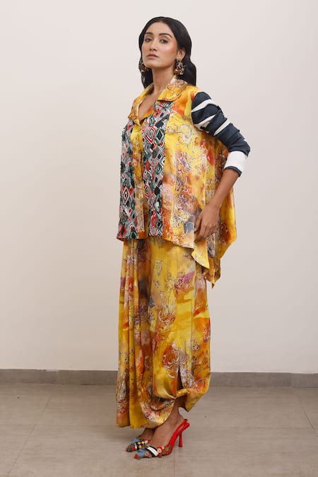 Buy_AK-OK_Yellow Silk Collared Abstract Print Shirt _Online_at_Aza_Fashions