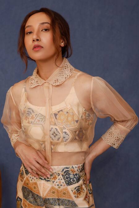 Chokhi Chorri_Beige Organza, Embroidery, Cut Work Damsa Sheer Shirt Pant Set _Online_at_Aza_Fashions