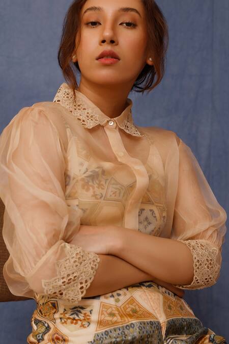 Buy_Chokhi Chorri_Beige Organza, Embroidery, Cut Work Damsa Sheer Shirt Pant Set _Online_at_Aza_Fashions