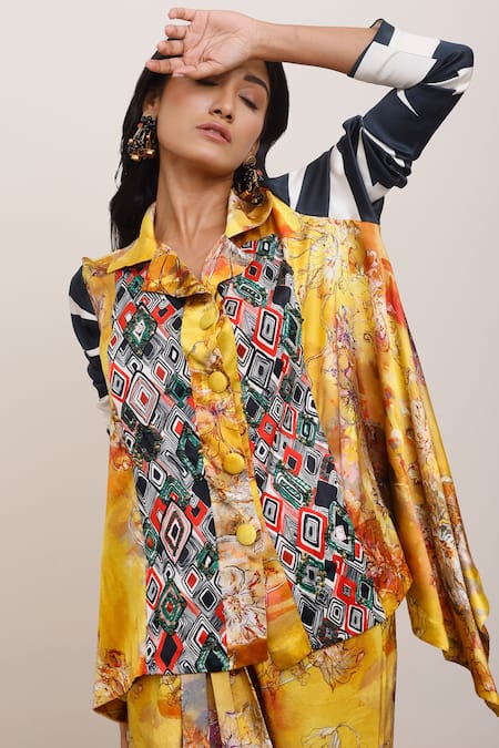 Shop_AK-OK_Yellow Silk Collared Abstract Print Shirt _Online_at_Aza_Fashions