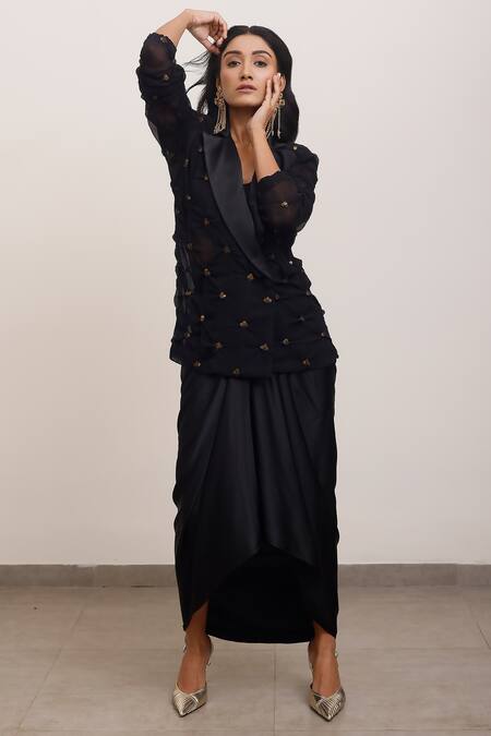 AK-OK_Black Silk Sequins Embellished Blazer And Skirt Set _Online_at_Aza_Fashions
