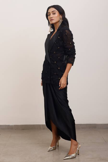 Buy_AK-OK_Black Silk Sequins Embellished Blazer And Skirt Set _Online_at_Aza_Fashions