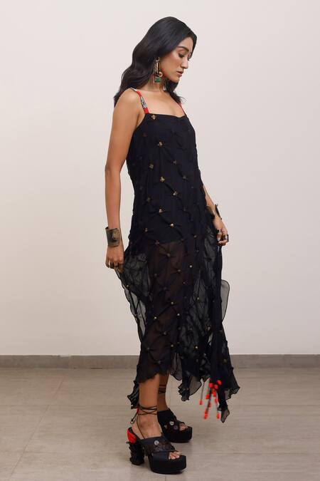 Shop_AK-OK_Black Chiffon Sequins, Beads Square Neck Embellished Dress _Online_at_Aza_Fashions