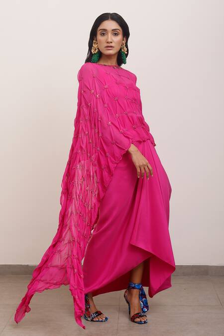 AK-OK_Pink Silk, Chiffon Sequins Square Neck Tonal Embellished Top And Skirt Set _Online_at_Aza_Fashions