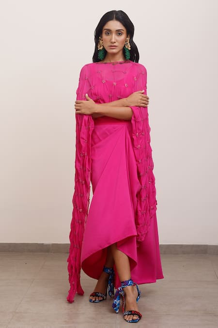 Buy_AK-OK_Pink Silk, Chiffon Sequins Square Neck Tonal Embellished Top And Skirt Set _Online_at_Aza_Fashions