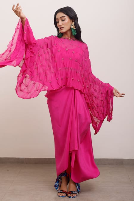 Shop_AK-OK_Pink Silk, Chiffon Sequins Square Neck Tonal Embellished Top And Skirt Set _Online_at_Aza_Fashions