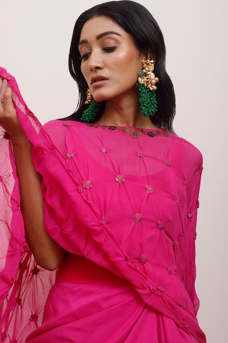 AK-OK_Pink Silk, Chiffon Sequins Square Neck Tonal Embellished Top And Skirt Set _at_Aza_Fashions