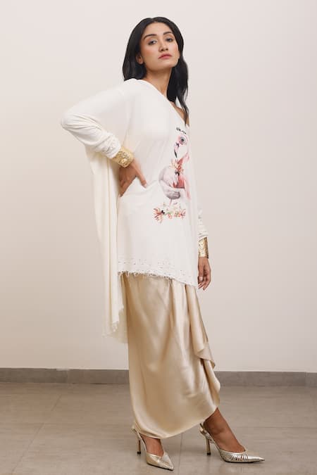 AK-OK_White Cotton Embroidery One Shoulder Typographic And Bird Print Asymmetric Tunic _Online_at_Aza_Fashions