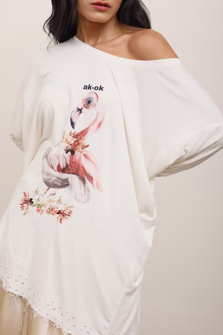 Buy_AK-OK_White Cotton Embroidery One Shoulder Typographic And Bird Print Asymmetric Tunic _Online_at_Aza_Fashions