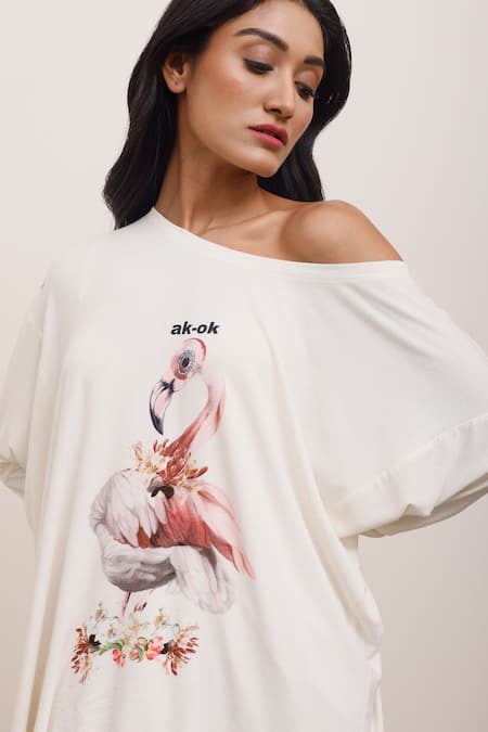 Shop_AK-OK_White Cotton Embroidery One Shoulder Typographic And Bird Print Asymmetric Tunic _Online_at_Aza_Fashions