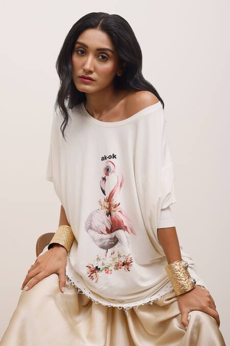 AK-OK_White Cotton Embroidery One Shoulder Typographic And Bird Print Asymmetric Tunic _at_Aza_Fashions