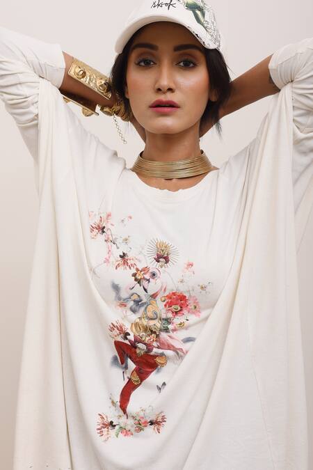 Shop_AK-OK_White Cotton Round Neck Botanical And Bird Print Asymmetric Tunic _Online_at_Aza_Fashions