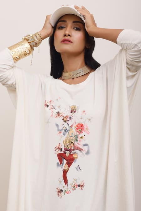 AK-OK_White Cotton Round Neck Botanical And Bird Print Asymmetric Tunic _at_Aza_Fashions