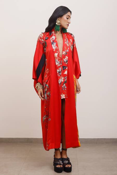 Buy_AK-OK_Red Silk Embroidery V-neck Floral Print Kimono Dress _Online_at_Aza_Fashions
