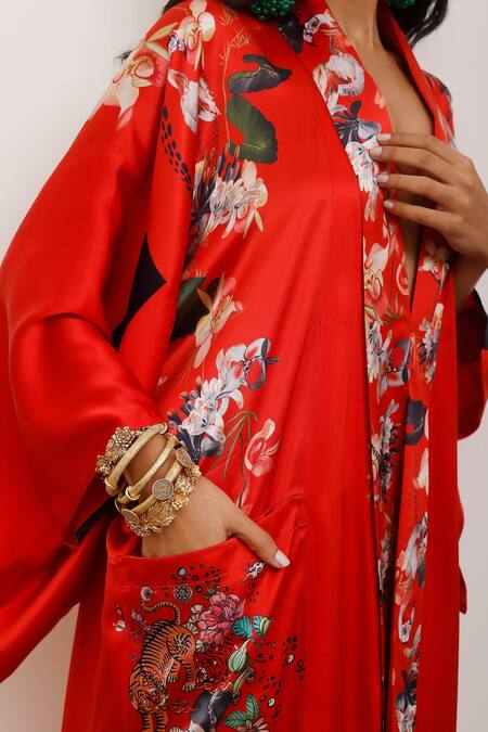 Shop_AK-OK_Red Silk Embroidery V-neck Floral Print Kimono Dress _Online_at_Aza_Fashions