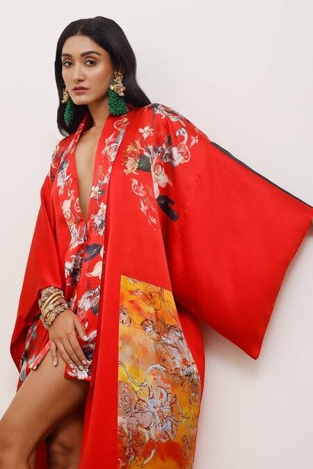 AK-OK_Red Silk Embroidery V-neck Floral Print Kimono Dress _at_Aza_Fashions