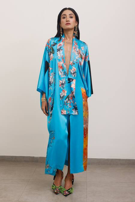 Buy_AK-OK_Blue Silk Embroidery Collared Floral Print Kimono Dress _Online_at_Aza_Fashions