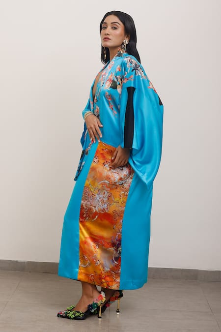 AK-OK_Blue Silk Embroidery Collared Floral Print Kimono Dress _at_Aza_Fashions