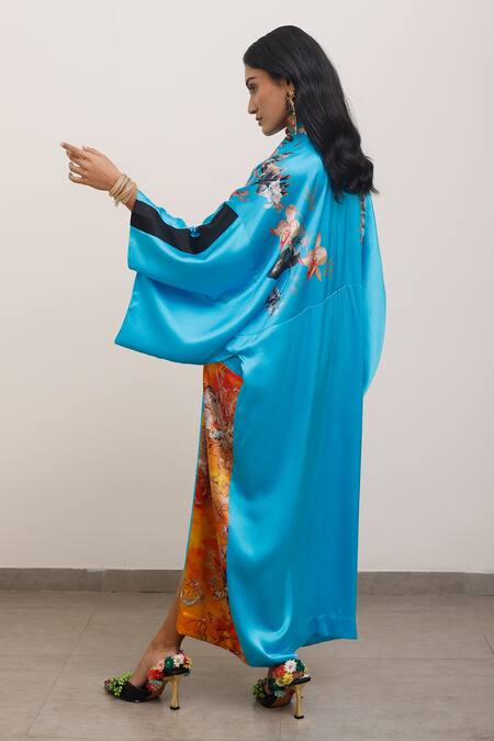 Buy_AK-OK_Blue Silk Embroidery Collared Floral Print Kimono Dress 