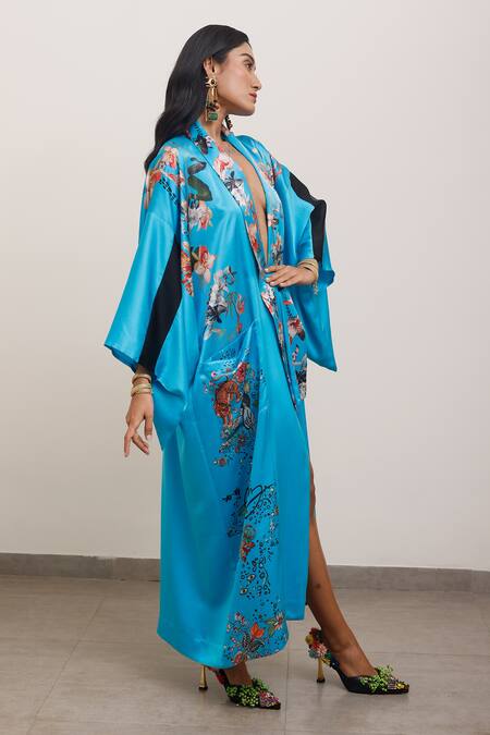Shop_AK-OK_Blue Silk Embroidery Collared Floral Print Kimono Dress 