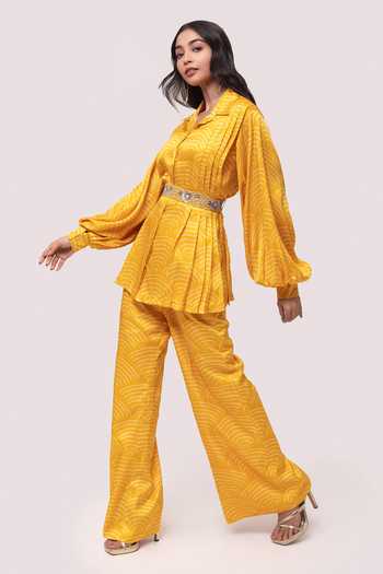 Onaya_Yellow Bandhani Print Balloon Sleeve Tunic And Palazzo Set _Online_at_Aza_Fashions