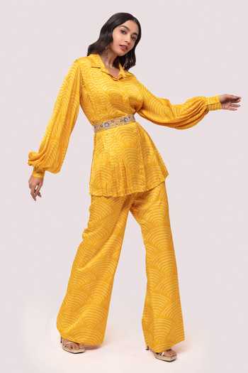 Buy_Onaya_Yellow Bandhani Print Balloon Sleeve Tunic And Palazzo Set _Online_at_Aza_Fashions