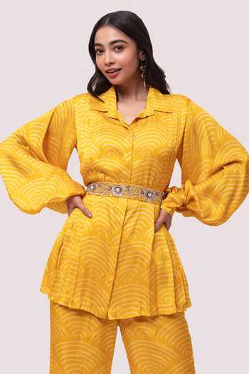 Shop_Onaya_Yellow Bandhani Print Balloon Sleeve Tunic And Palazzo Set _Online_at_Aza_Fashions