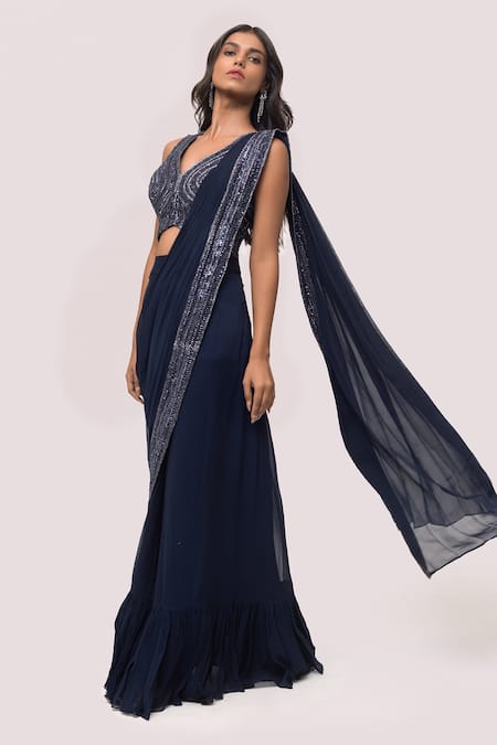 Buy Onaya Blue Georgette Embellished Bead Deep V Neck Navy Pre-draped Saree Set Online at Aza Fashions Buy_Onaya_Blue Georgette Embellished Bead Deep V Neck Navy Pre-draped Saree Set _Online_at_Aza_Fashions