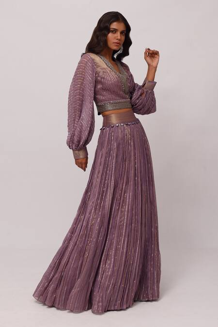 Onaya_Purple Georgette Woven And Embroidery Zari Stripes V Placket Crop Top & Skirt Set_Online_at_Aza_Fashions