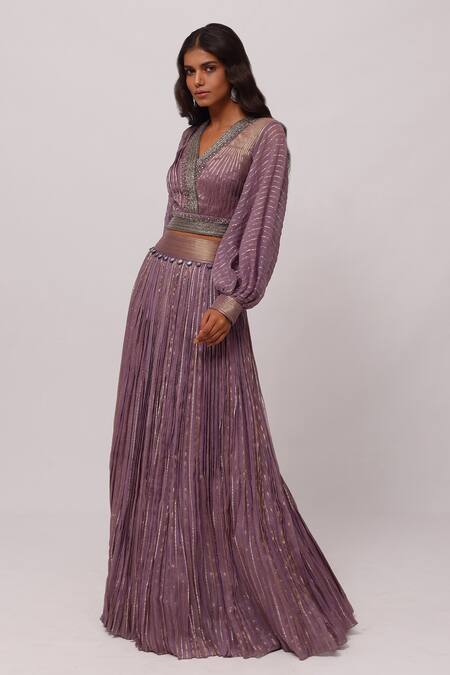 Buy_Onaya_Purple Georgette Woven And Embroidery Zari Stripes V Placket Crop Top & Skirt Set_Online_at_Aza_Fashions