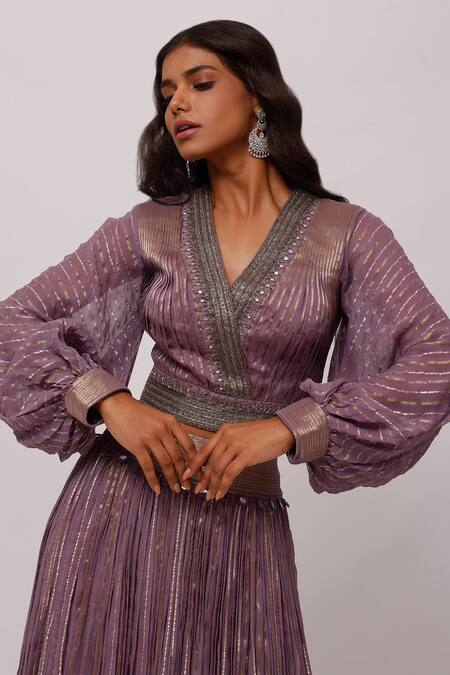 Shop_Onaya_Purple Georgette Woven And Embroidery Zari Stripes V Placket Crop Top & Skirt Set_Online_at_Aza_Fashions