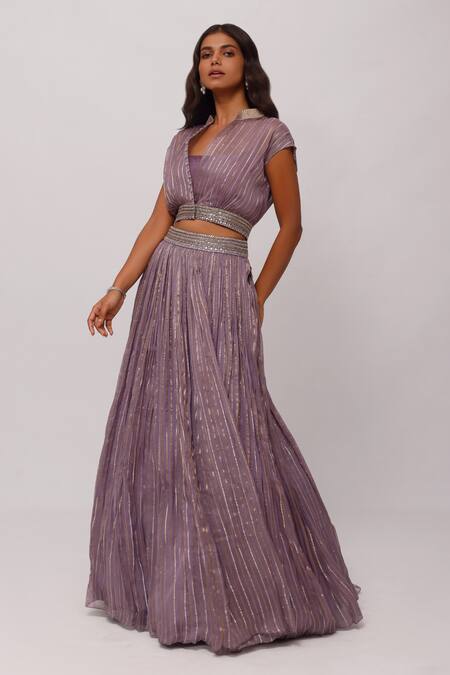 Onaya_Purple Organza Embroidery Aari Stripe Pattern Cropped Jacket And Lehenga Set_Online_at_Aza_Fashions