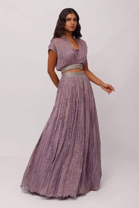 Buy_Onaya_Purple Organza Embroidery Aari Stripe Pattern Cropped Jacket And Lehenga Set_Online_at_Aza_Fashions