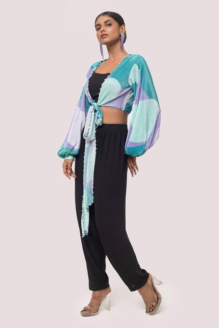 Onaya Black Georgette Pearls Plunge Neck, Printed Pattern Tie Top And Pant Set Online at Aza Fashions Onaya_Black Georgette Pearls Plunge Neck, Printed Pattern Tie Top And Pant Set _Online_at_Aza_Fashions