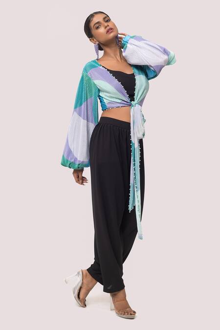 Buy Onaya Black Georgette Pearls Plunge Neck, Printed Pattern Tie Top And Pant Set Online at Aza Fashions Buy_Onaya_Black Georgette Pearls Plunge Neck, Printed Pattern Tie Top And Pant Set _Online_at_Aza_Fashions