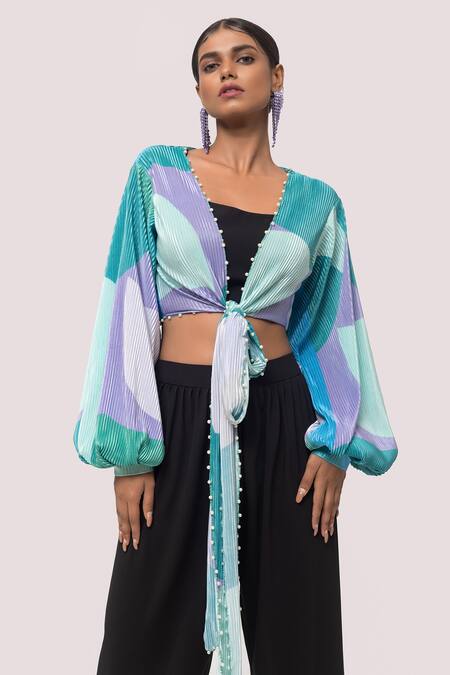 Shop Onaya Black Georgette Pearls Plunge Neck, Printed Pattern Tie Top And Pant Set Online at Aza Fashions Shop_Onaya_Black Georgette Pearls Plunge Neck, Printed Pattern Tie Top And Pant Set _Online_at_Aza_Fashions