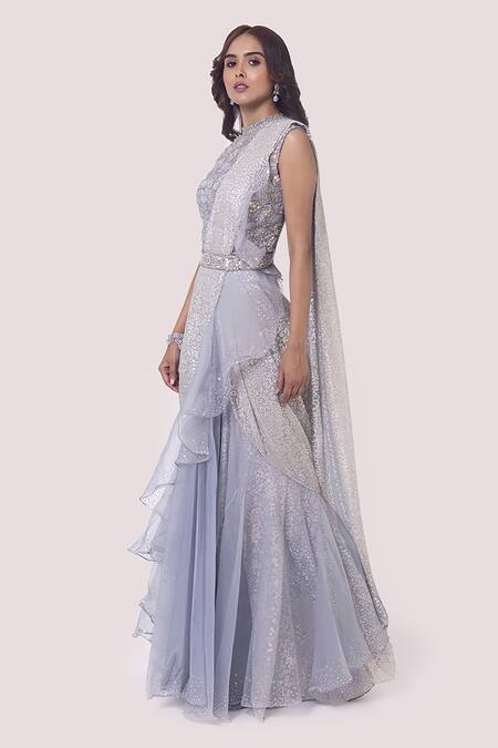 Onaya Grey Crush Fabrics Embellished Pre-draped Flower Ruffle Saree With Blouse Online at Aza Fashions Onaya_Grey Crush Fabrics Embellished Pre-draped Flower Ruffle Saree With Blouse_Online_at_Aza_Fashions