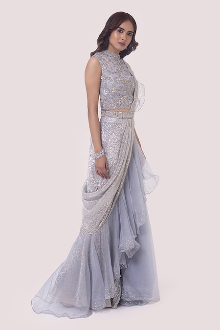 Buy Onaya Grey Crush Fabrics Embellished Pre-draped Flower Ruffle Saree With Blouse Online at Aza Fashions Buy_Onaya_Grey Crush Fabrics Embellished Pre-draped Flower Ruffle Saree With Blouse_Online_at_Aza_Fashions