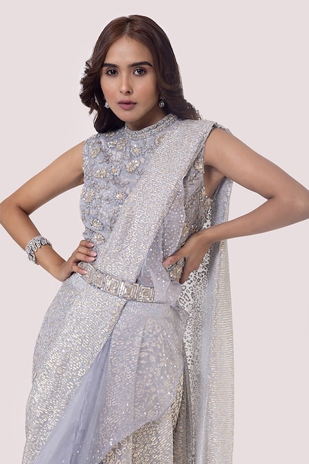 Shop Onaya Grey Crush Fabrics Embellished Pre-draped Flower Ruffle Saree With Blouse Online at Aza Fashions Shop_Onaya_Grey Crush Fabrics Embellished Pre-draped Flower Ruffle Saree With Blouse_Online_at_Aza_Fashions
