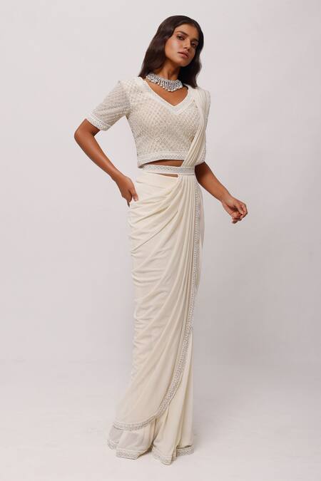 Buy_Onaya_Off White Lycra Embellished Pearls V Neck Blouse And Pre-draped Saree Set_Online_at_Aza_Fashions