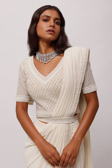 Shop_Onaya_Off White Lycra Embellished Pearls V Neck Blouse And Pre-draped Saree Set_Online_at_Aza_Fashions