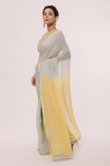 Buy_Onaya_Blue Handloom Cotton Embroidery Round Neck Saree With Hand Blouse_Online_at_Aza_Fashions