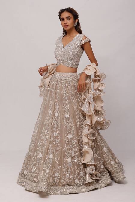 Onaya_Off White Net Embroidery Floral Leaf Neck Lehenga Set With Ruffle Dupatta_Online_at_Aza_Fashions