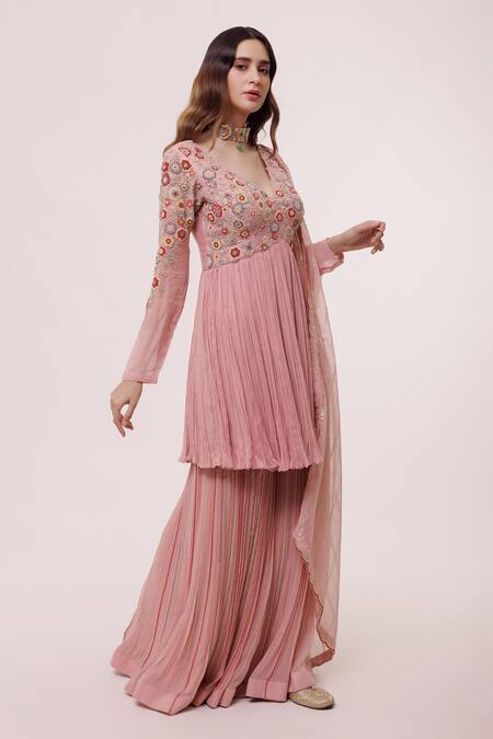 Onaya_Pink Georgette Embroidery, Beads V-neck Embellished Peplum Kurta Gharara Set_Online_at_Aza_Fashions