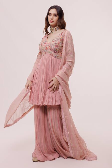 Buy_Onaya_Pink Georgette Embroidery, Beads V-neck Embellished Peplum Kurta Gharara Set_Online_at_Aza_Fashions