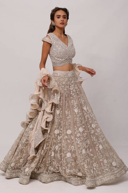 Buy_Onaya_Off White Net Embroidery Floral Leaf Neck Lehenga Set With Ruffle Dupatta_Online_at_Aza_Fashions