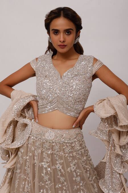 Shop_Onaya_Off White Net Embroidery Floral Leaf Neck Lehenga Set With Ruffle Dupatta_Online_at_Aza_Fashions