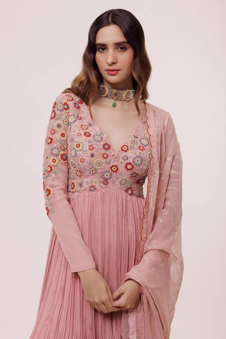 Shop_Onaya_Pink Georgette Embroidery, Beads V-neck Embellished Peplum Kurta Gharara Set_Online_at_Aza_Fashions
