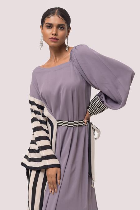 Shop Onaya Purple Georgette Asymmetric Stripe Print Sleeve Gown Online at Aza Fashions Shop_Onaya_Purple Georgette Asymmetric Stripe Print Sleeve Gown_Online_at_Aza_Fashions