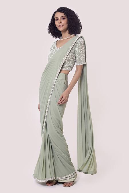 Onaya_Green Lycra Floral V Neck Pre-draped Lace Trim Saree With Work Blouse_Online_at_Aza_Fashions